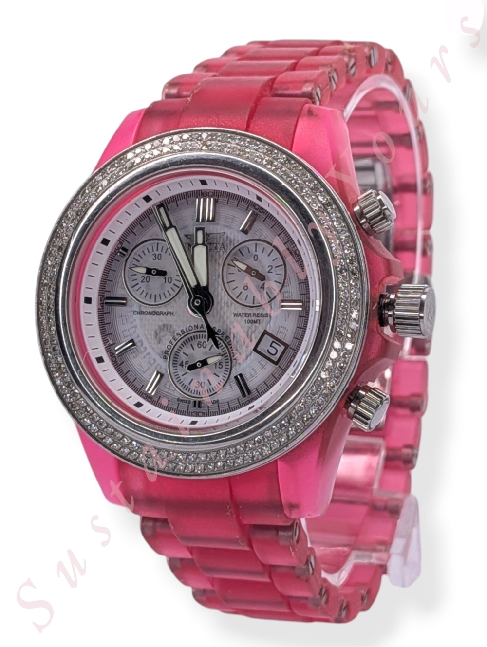 Invicta Pink Chronograph Watch Swiss Movement Silicone Strap Diamond Bezel 3121